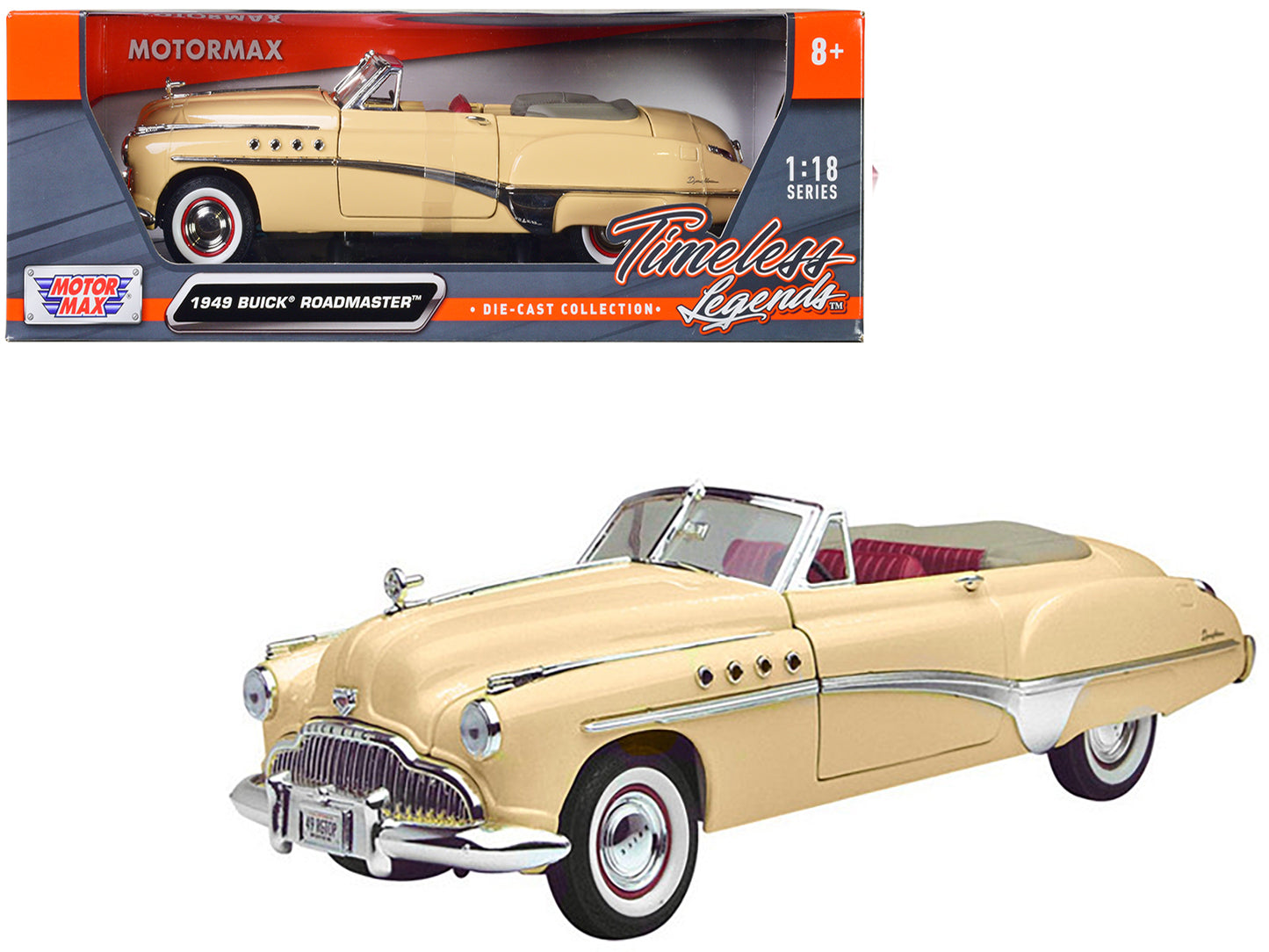 1949 Buick Roadmaster Cream with Red Interior 1/18 Diecast Model Car by Motormax <h2>1949 Motormax</h2> <p>High-quality perfect for collectors and enthusiasts. Features detailed exterior craftsmanship