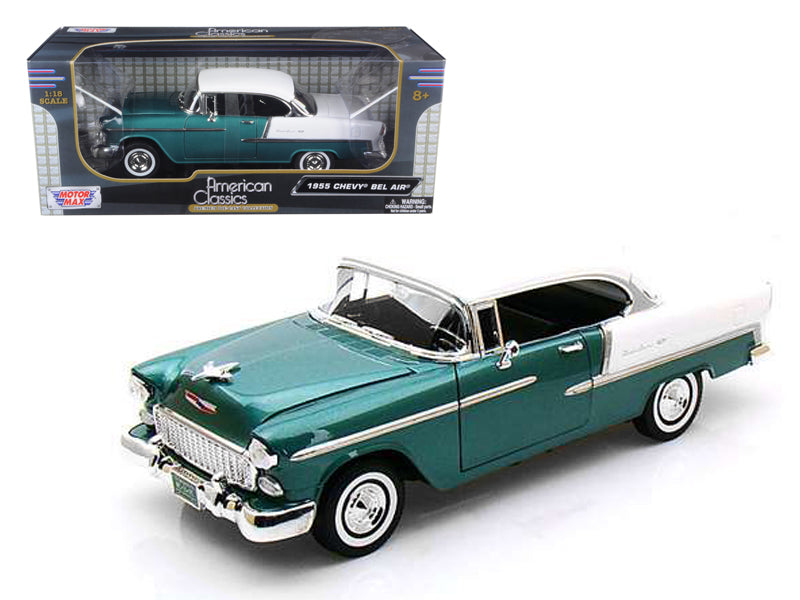 1955 Chevrolet Bel Air Hard Top Green Metallic and White 1/18 Diecast Model Car by Motormax <h2>1955 Motormax</h2> <p>High-quality perfect for collectors enthusiasts. Features detailed interior exteri