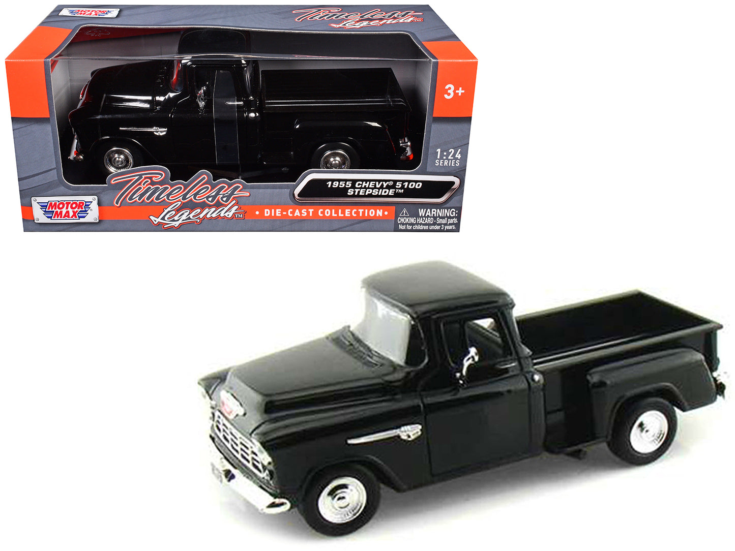 1955 Chevrolet 5100 Stepside Pickup Truck Black 1/24 Diecast Car Model by Motormax <h2>1955 Motormax</h2> <p>High-quality perfect for collectors and enthusiasts. Features detailed interior exterior cr