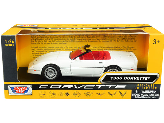 1986 Chevrolet Corvette C4 Convertible White with Red Interior "History of Corvette" Series 1/24 T&y Diecast Model Car by Motormax