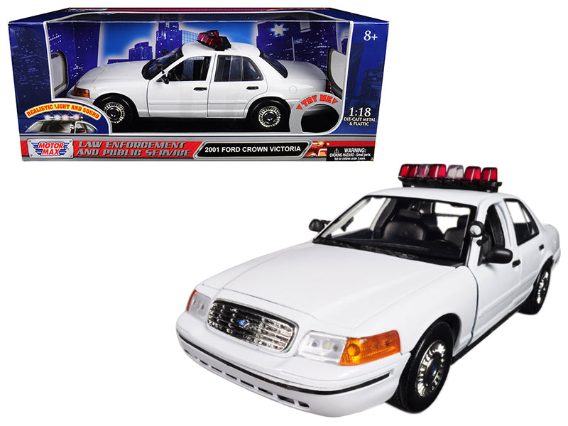 2001 Ford Crown Victoria Police Car Plain White with Flashing Light Bar and Front Rear Lights Sounds 1/18 Diecast Model by Motormax <h2>2001 Motormax</h2> <p>High-quality perfect for collectors enthus