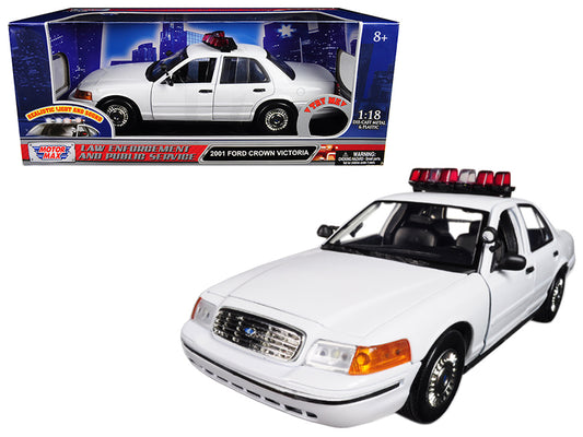 2001 Ford Crown Victoria Police Car Plain White with Flashing Light Bar and Front Rear Lights Sounds 1/18 Diecast Model by Motormax <h2>2001 Motormax</h2> <p>High-quality perfect for collectors enthus