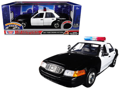 2001 Ford Crown Victoria Police Car Plain Black & White with Flashing Light Bar Front and Rear Lights Sound 1/18 Diecast Model by Motormax <h2>2001 Motormax</h2> <p>High-quality perfect for collectors