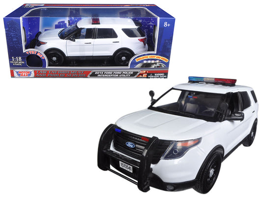 2015 Ford Police Interceptor Utility White with Flashing Light Bar and Front Rear Lights 2 Sounds 1/18 Diecast Model Car by Motormax <h2>2015 Motormax</h2> <p>High-quality perfect for collectors enthu