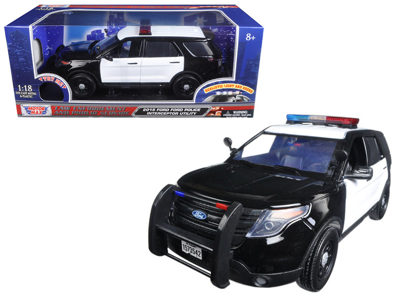 2015 Ford Police Interceptor Utility Black and White with Flashing Light Bar Front Rear Lights 2 Sounds 1/18 Diecast Model Car by Motormax <h2>2015 Motormax</h2> <p>High-quality perfect for collectors