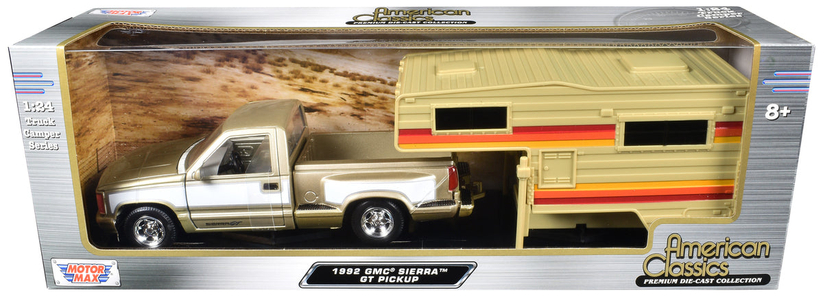 1992 GMC Sierra GT Pickup Truck Gold Metallic with White Sides Camper Shell "American Classics" Series 1/24 Diecast Model Car by Motormax <h2>1992 Motormax</h2> <p>High-quality perfect for collectors