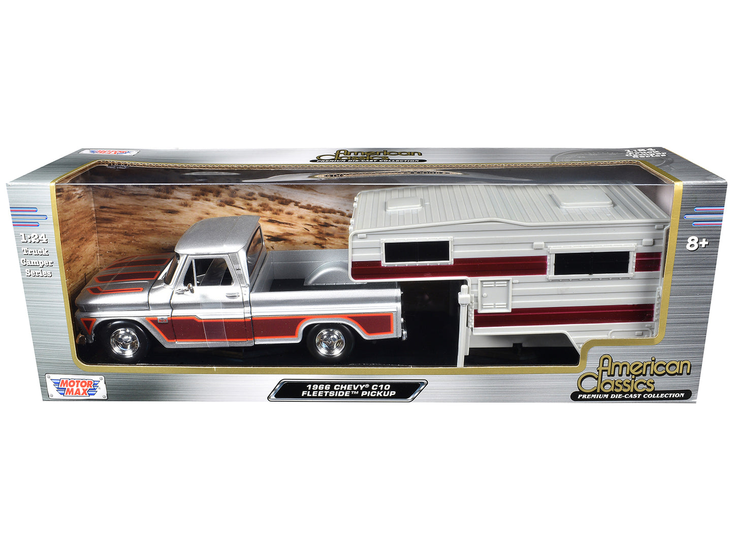 1966 Chevrolet C10 Fleetside Pickup Truck Silver Metallic with Brown Sides Camper Shell "American Classics" Series 1/24 Diecast Model Car by Motormax <h2>1966 Motormax</h2> <p>High-quality perfect for