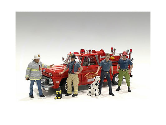 "Firefighters" 6 piece Figure Set (4 Males 1 Dog Accessory) for 1/18 Scale Models by American Diorama <h2>"Firefighters" Diorama</h2> <p>High-quality diecast model car perfect collectors and enthusias