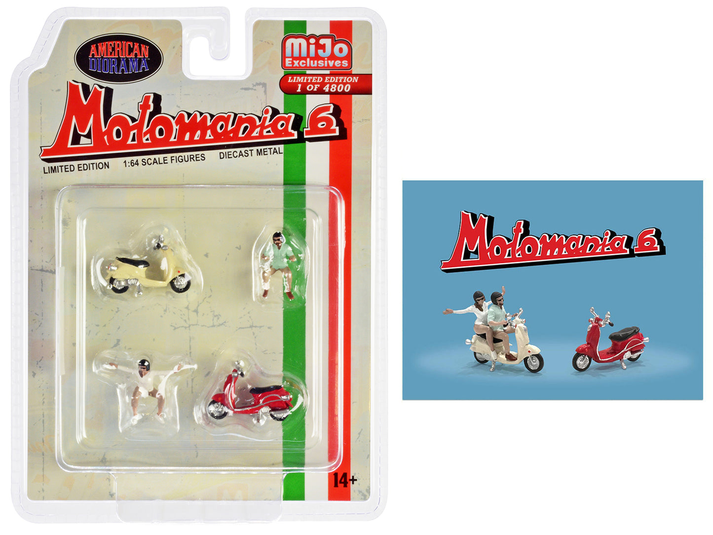 "Motomania 6" 4 piece Diecast Figure Set (2 Figures 2 Scooters) Limited Edition to 4800 pieces Worldwide 1/64 Scale Models by American Diorama <h2>"Motomania Diorama</h2> <p>High-quality model car per