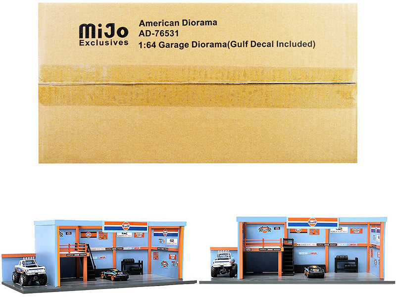 "Garage Diorama Gulf Oil" with Decals for 1/64 Scale Models by American <h2>"Garage Diorama</h2> <p>High-quality diecast model car perfect collectors and enthusiasts. Features detailed interior exteri
