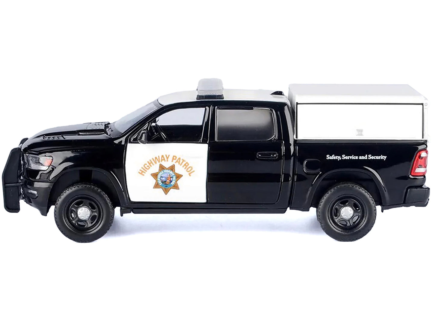 2019 RAM 1500 Laramine Crew Cab Pickup Truck "California Highway Patrol" Black and White with Bed Camper "Law Enforcement Public Service" Series 1/27 Diecast Model Car by Motormax <h2>2019 Motormax</h