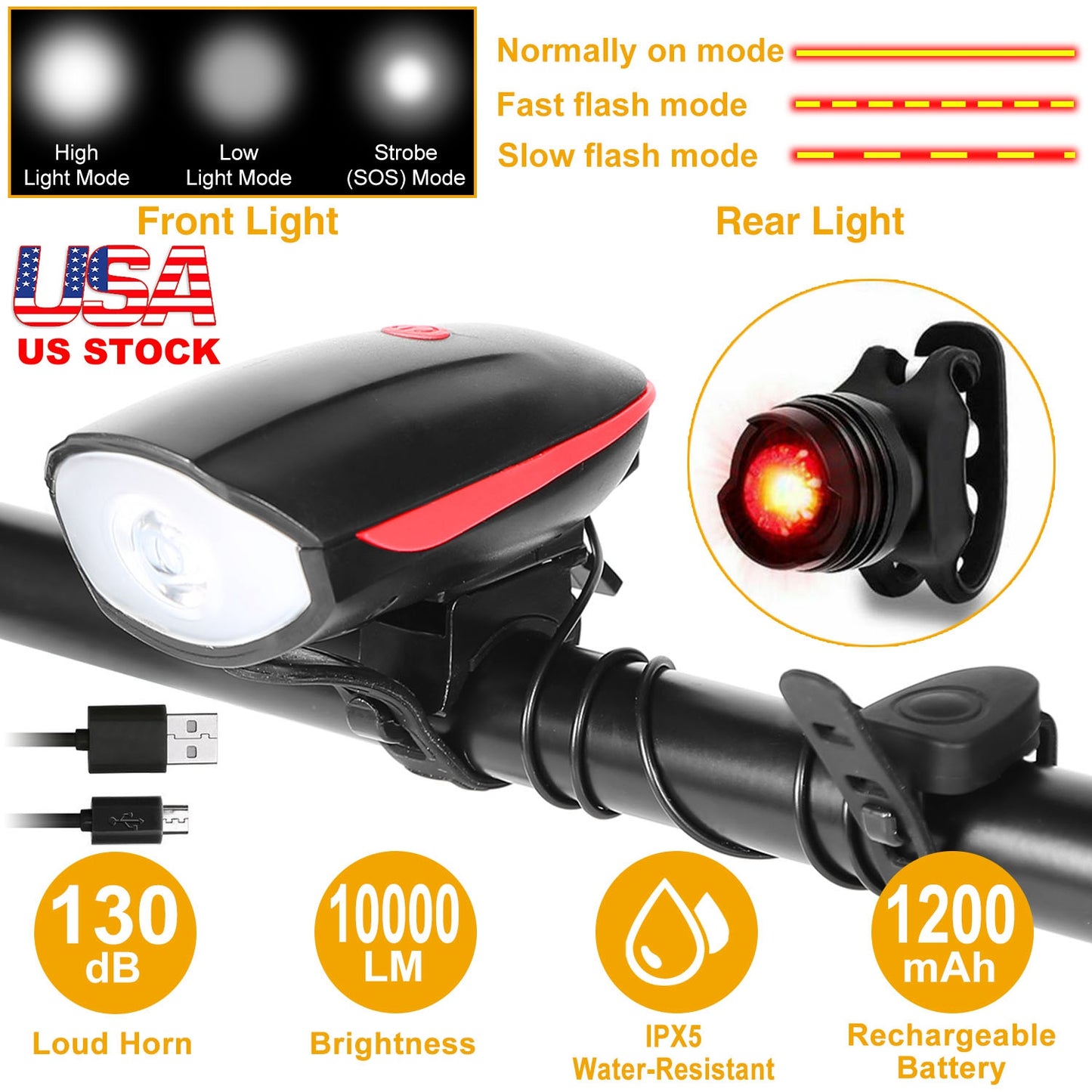 10000Lm Bike Headlight Usb Rechargeable Led Bicycle Front Light Rear Tail With