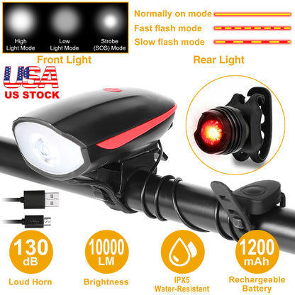 10000Lm Bike Headlight Usb Rechargeable Led Bicycle Front Light Rear Tail With