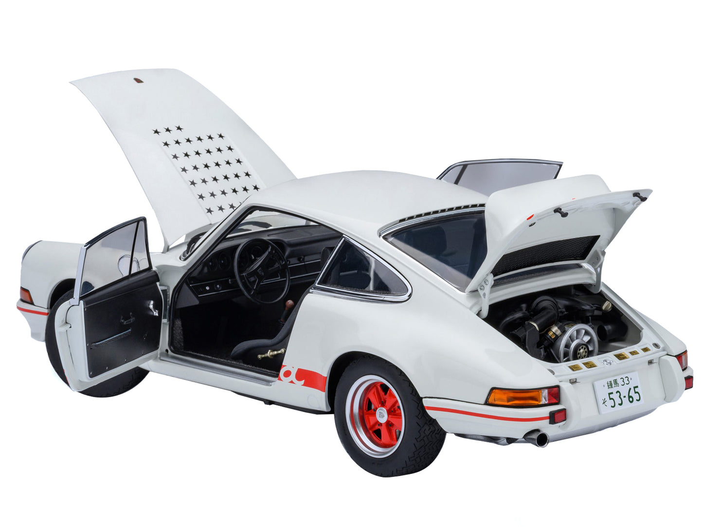 Porsche 911 Carrera 2.7 RS "The Circuit Wolf" White with Red Stripes and Wheels Hood Graphics 1/18 Model Car by Autoart <h2>Porsche Autoart</h2> <p>High-quality diecast perfect for collectors enthusia