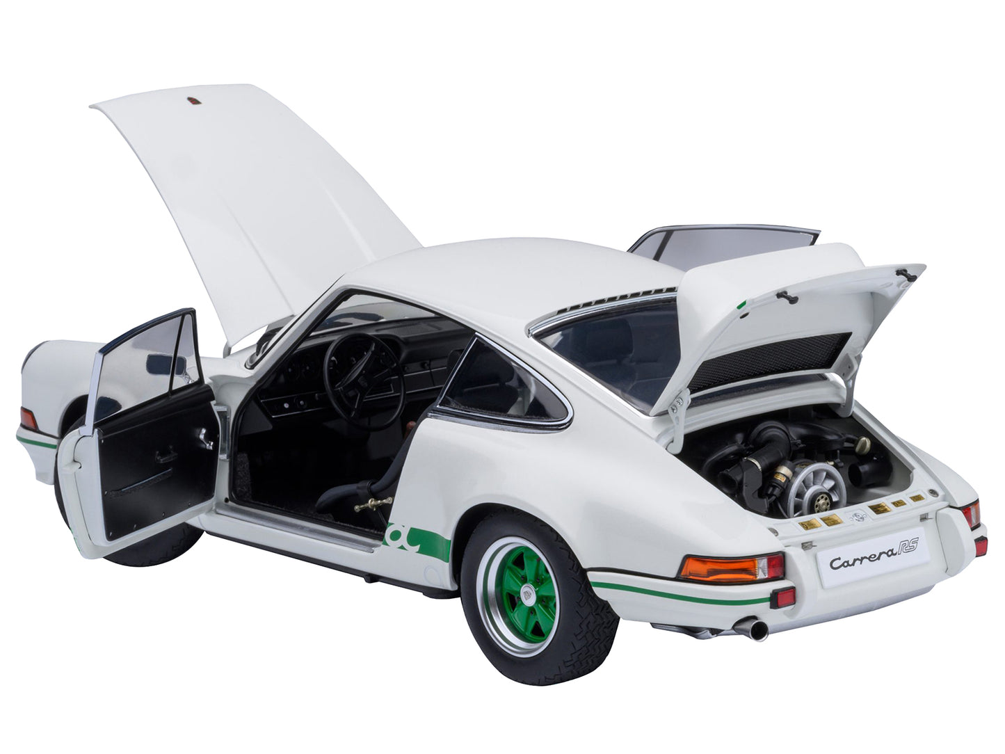 Porsche 911 Carrera 2.7 RS Grand Prix White with Green Stripes and Wheels 1/18 Model Car by Autoart <h2>Porsche Autoart</h2> <p>High-quality diecast perfect for collectors enthusiasts. Features detail