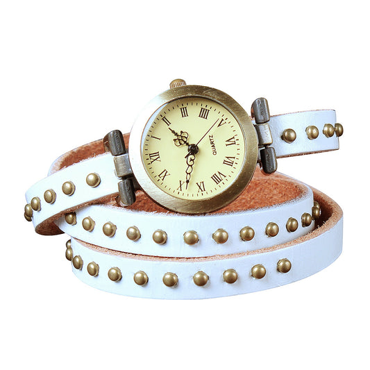 Fashionable Rivet Leather Belt Retro Watch Hand Chain-White C