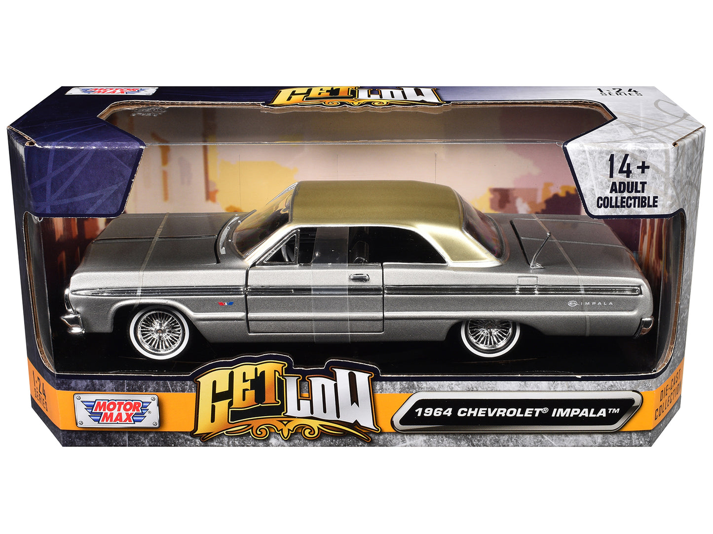 1964 Chevrolet Impala Lowrider Hard Top Silver Metallic with Gold "Get Low" Series 1/24 Diecast Model Car by Motormax <h2>1964 Motormax</h2> <p>High-quality perfect for collectors and enthusiasts. Fea