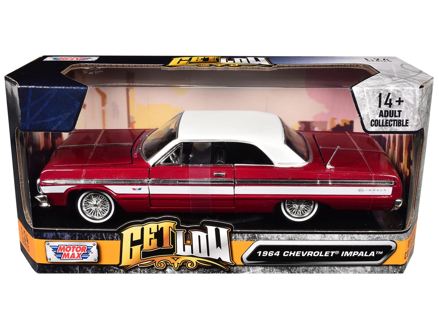 1964 Chevrolet Impala Lowrider Hard Top Candy Red Metallic with White "Get Low" Series 1/24 Diecast Model Car by Motormax <h2>1964 Motormax</h2> <p>High-quality perfect for collectors and enthusiasts.