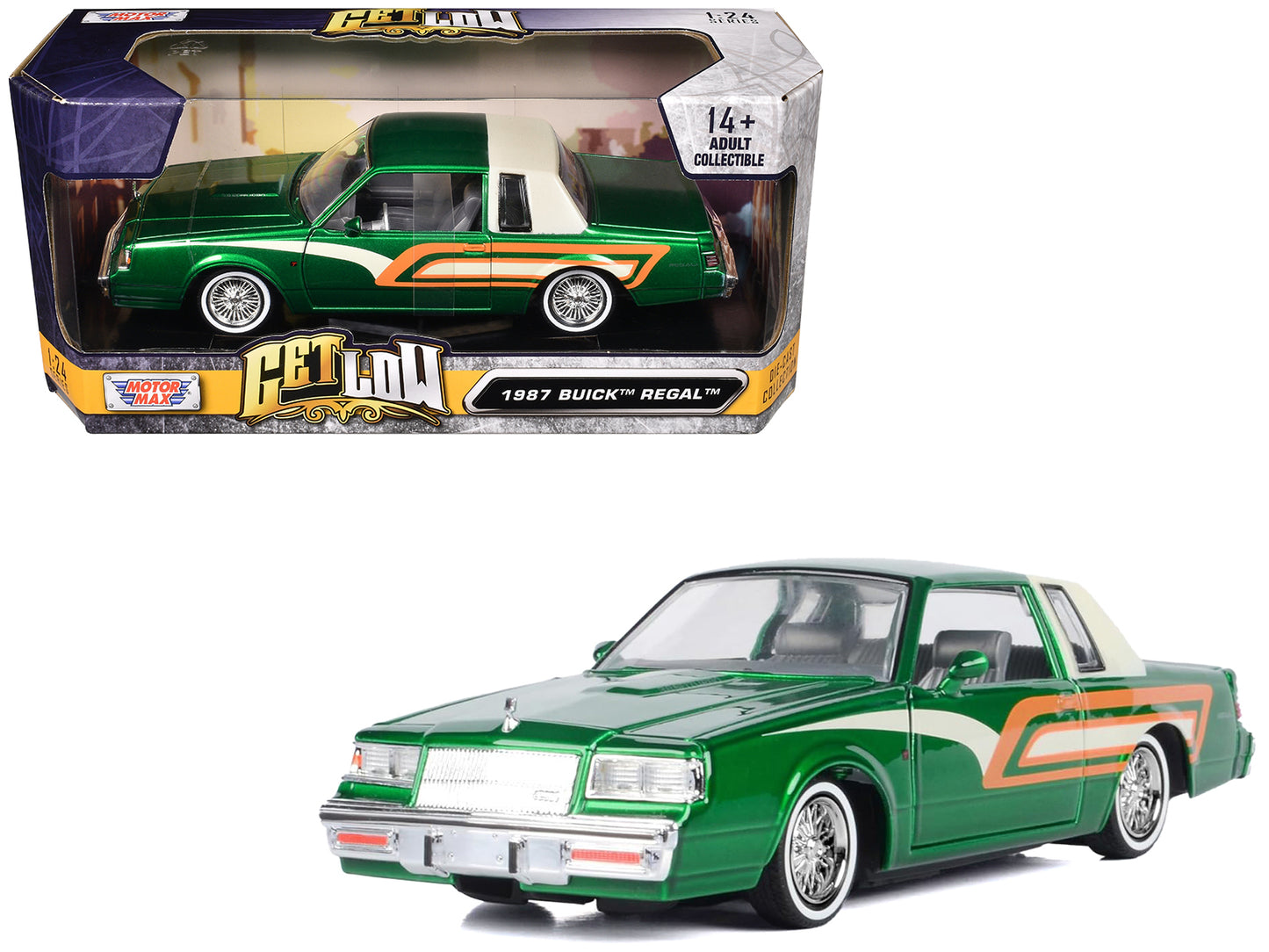 1987 Buick Regal 3.8 SFI Turbo Green Metallic and Cream with Graphics "Get Low" Series 1/24 Diecast Model Car by Motormax <h2>1987 Motormax</h2> <p>High-quality perfect for collectors enthusiasts. Fea