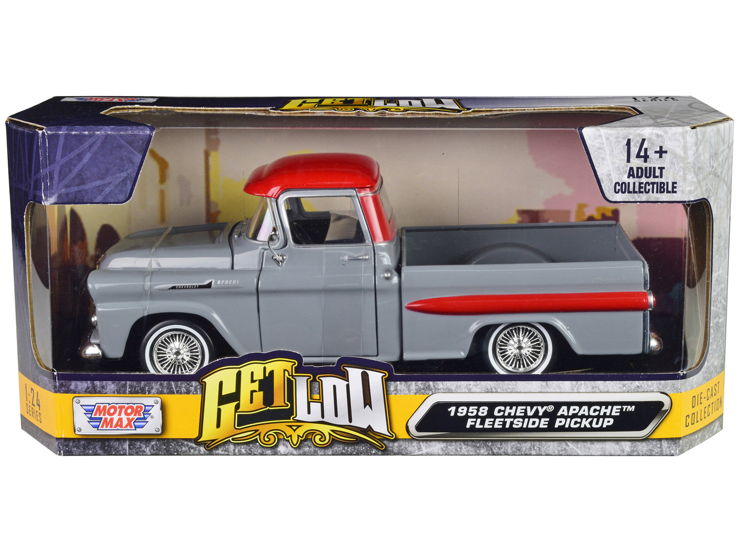 1958 Chevrolet Apache Fleetside Pickup Truck Lowrider Gray with Red Top "Get Low" Series 1/24 Diecast Model Car by Motormax <h2>1958 Motormax</h2> <p>High-quality perfect for collectors and enthusiast
