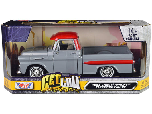 1958 Chevrolet Apache Fleetside Pickup Truck Lowrider Gray with Red Top "Get Low" Series 1/24 Diecast Model Car by Motormax <h2>1958 Motormax</h2> <p>High-quality perfect for collectors and enthusiast