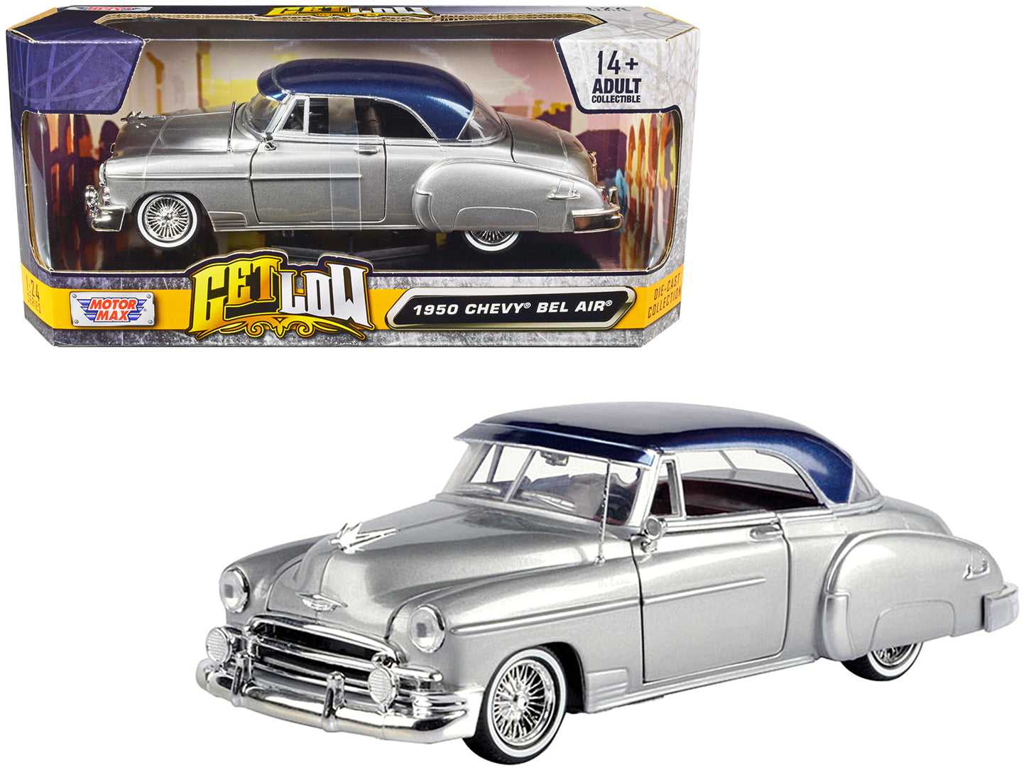 1950 Chevrolet Bel Air Lowrider Silver Metallic with Blue Top "Get Low" Series 1/24 Diecast Model Car by Motormax <h2>1950 Motormax</h2> <p>High-quality perfect for collectors and enthusiasts. Feature