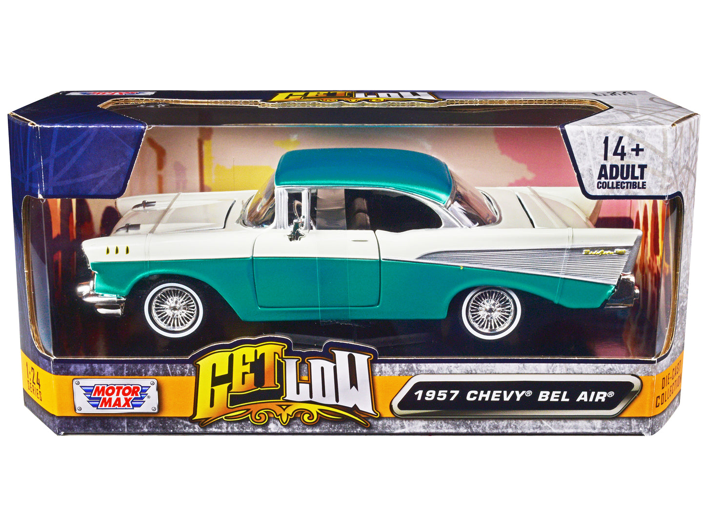 1957 Chevrolet Bel Air Lowrider Turquoise Metallic and White "Get Low" Series 1/24 Diecast Model Car by Motormax <h2>1957 Motormax</h2> <p>High-quality perfect for collectors enthusiasts. Features det
