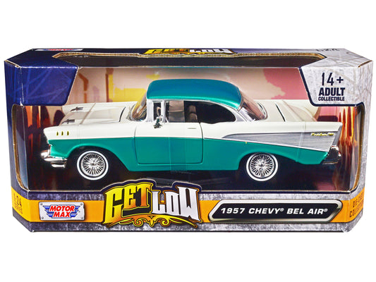 1957 Chevrolet Bel Air Lowrider Turquoise Metallic and White "Get Low" Series 1/24 Diecast Model Car by Motormax <h2>1957 Motormax</h2> <p>High-quality perfect for collectors enthusiasts. Features det