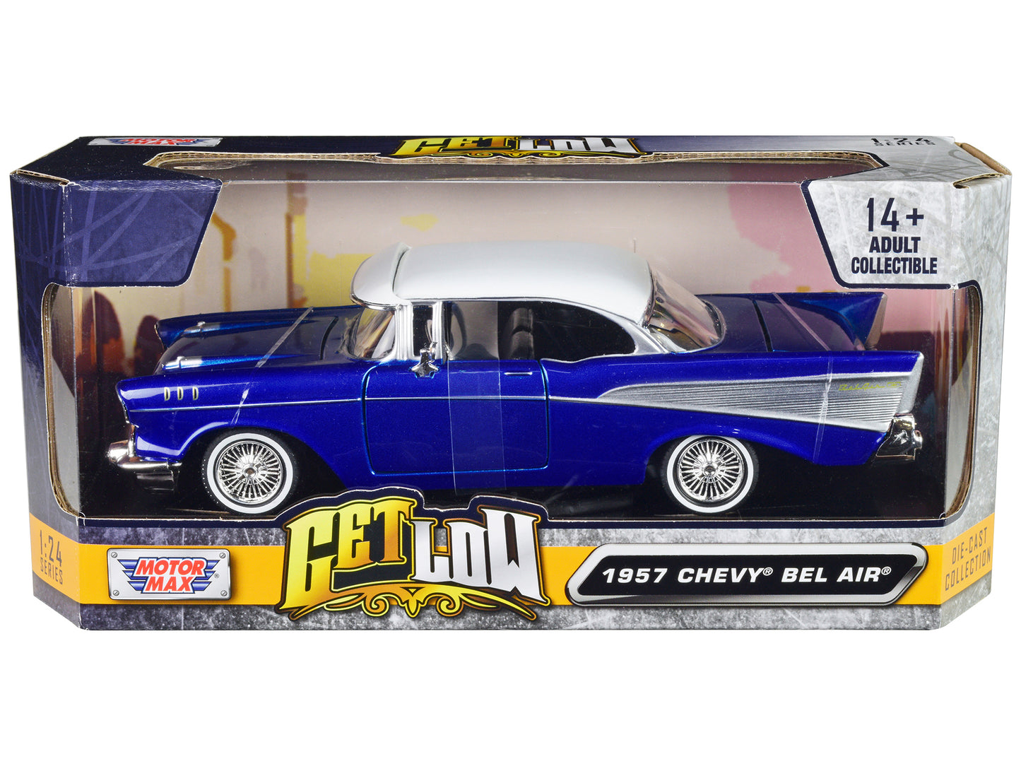 1957 Chevrolet Bel Air Lowrider Candy Blue with White Top "Get Low" Series 1/24 Diecast Model Car by Motormax <h2>1957 Motormax</h2> <p>High-quality perfect for collectors and enthusiasts. Features de