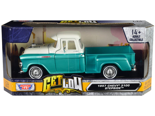 1957 Chevrolet 3100 Stepside Pickup Truck Lowrider Turquoise Metallic and White with Interior "Get Low" Series 1/24 Diecast Model Car by Motormax <h2>1957 Motormax</h2> <p>High-quality perfect for col