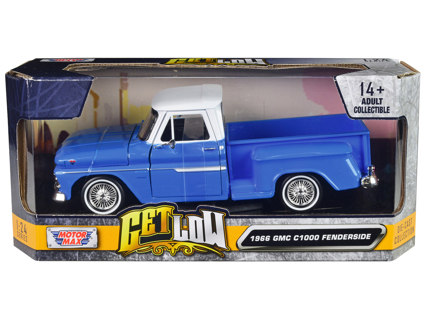 1966 GMC C1000 Fenderside Pickup Truck Lowrider Blue with White Top "Get Low" Series 1/24 Diecast Model Car by Motormax <h2>1966 Motormax</h2> <p>High-quality perfect for collectors and enthusiasts. F