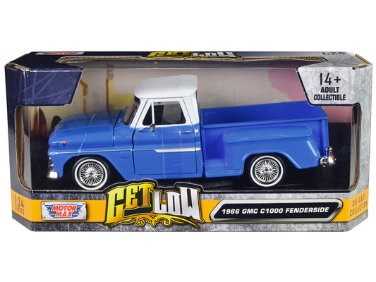 1966 GMC C1000 Fenderside Pickup Truck Lowrider Blue with White Top "Get Low" Series 1/24 Diecast Model Car by Motormax <h2>1966 Motormax</h2> <p>High-quality perfect for collectors and enthusiasts. F