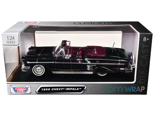 1958 Chevrolet Impala Green and Purple Chrome "Custom Wrap" Series 1/24 Diecast Model Car by Motormax <h2>1958 Motormax</h2> <p>High-quality perfect for collectors enthusiasts. Features detailed inter