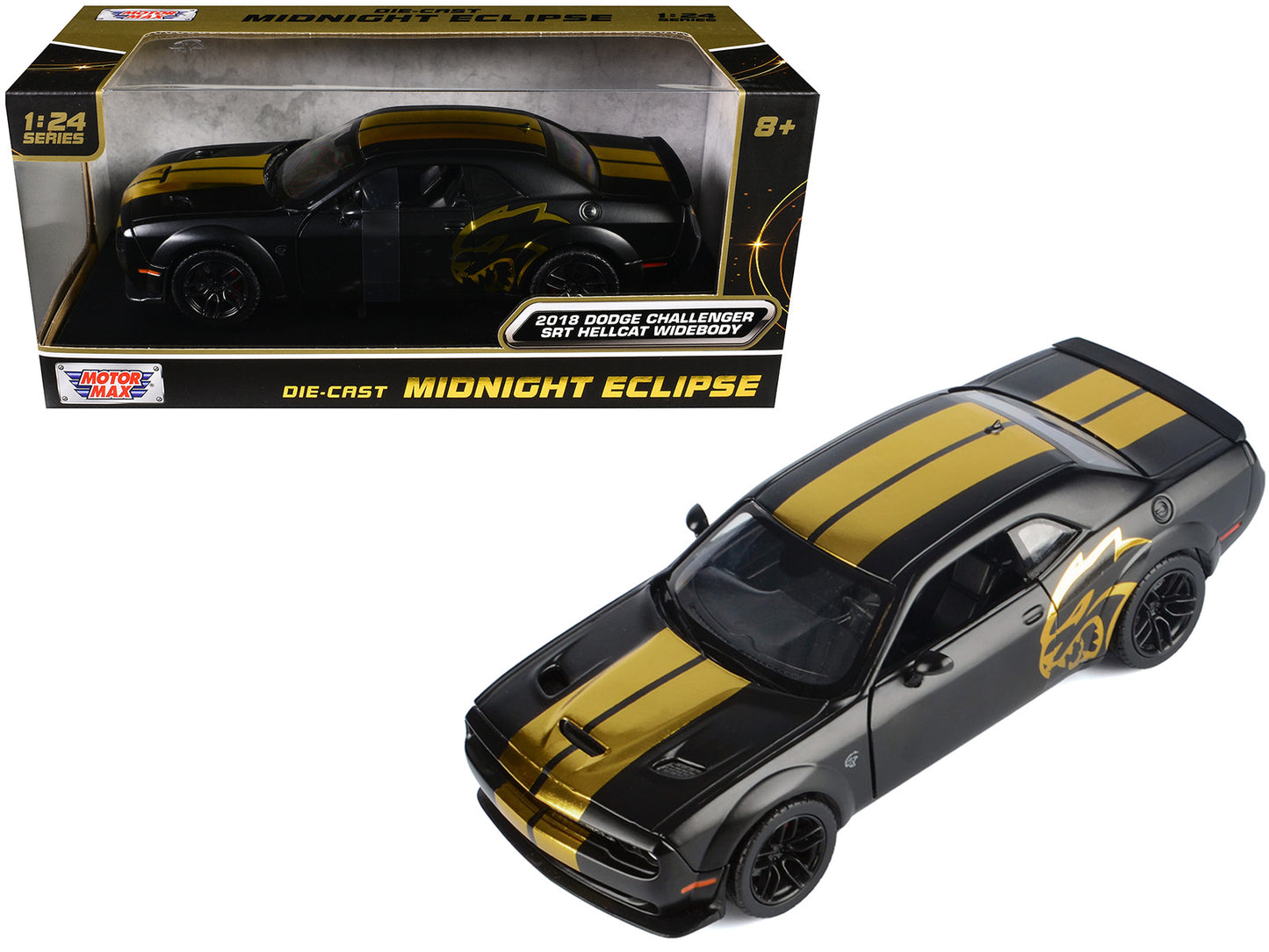 2018 Dodge Challenger SRT Hellcat Widebody Matt Black with Gold Stripes and Graphics "Midnight Eclipse" Series 1/24 Diecast Model Car by Motormax <h2>2018 Motormax</h2> <p>High-quality perfect for col