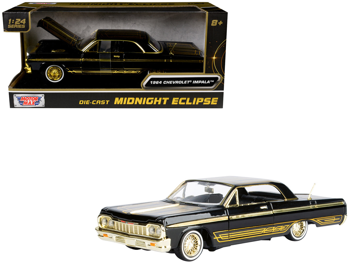 1964 Chevrolet Impala Lowrider Black with Gold Graphics and Wheels "Midnight Eclipse" Series 1/24 Diecast Model Car by Motormax <h2>1964 Motormax</h2> <p>High-quality perfect for collectors enthusiast