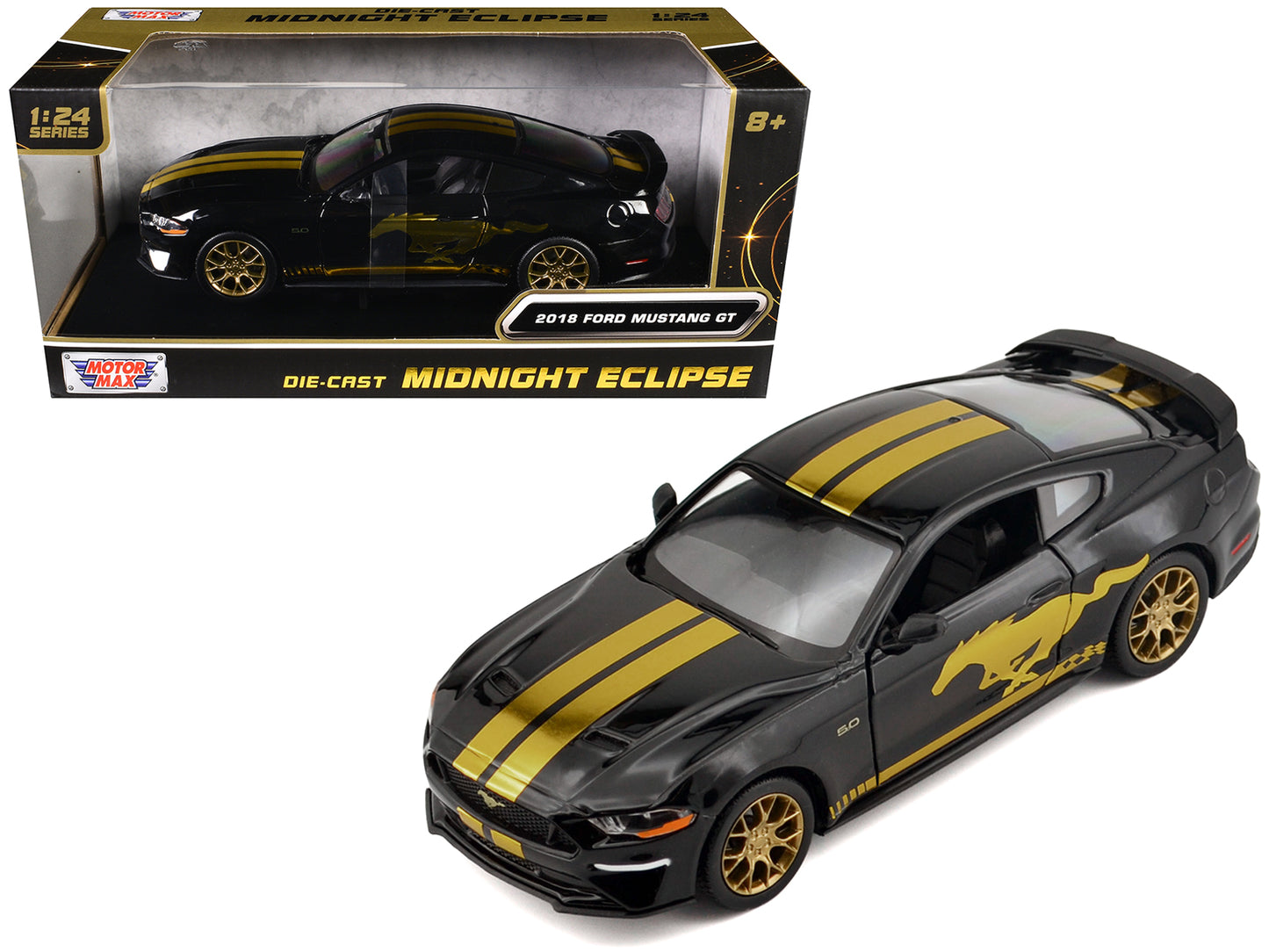 2018 Ford Mustang GT 5.0 Black with Gold Stripes and Graphics "Midnight Eclipse" Series 1/24 Diecast Model Car by Motormax <h2>2018 Motormax</h2> <p>High-quality perfect for collectors enthusiasts. Fe
