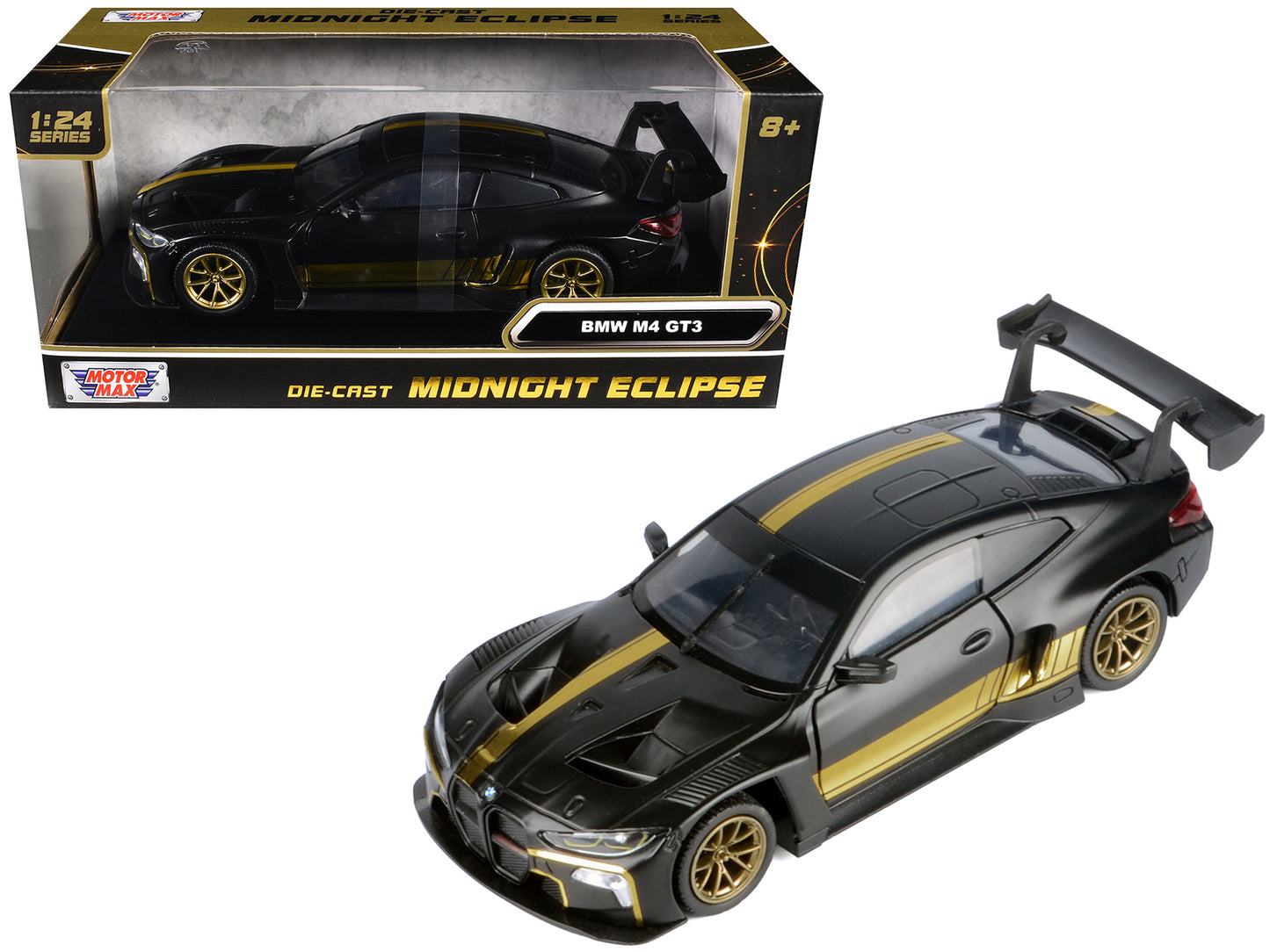 BMW M4 GT3 Matt Black with Gold Stripes "Midnight Eclipse" Series 1/24 Diecast Model Car by Motormax <h2>BMW Motormax</h2> <p>High-quality perfect for collectors and enthusiasts. Features detailed int