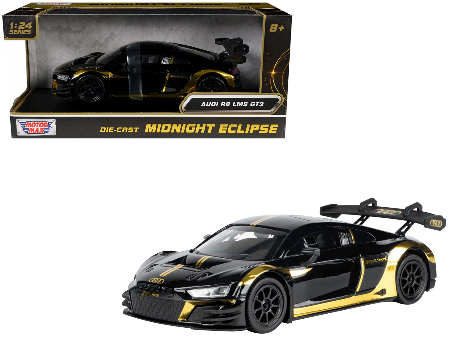 Audi R8 LMS GT3 Black with Gold Stripes and Graphics "Midnight Eclipse" Series 1/24 Diecast Model Car by Motormax <h2>Audi Motormax</h2> <p>High-quality perfect for collectors enthusiasts. Features de