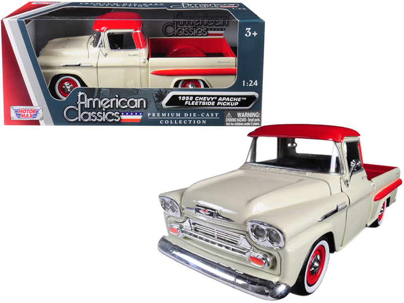 1958 Chevrolet Apache Fleetside Pickup Truck Cream with Red Top 1/24 Diecast Model Car by Motormax <h2>1958 Motormax</h2> <p>High-quality perfect for collectors and enthusiasts. Features detailed inte
