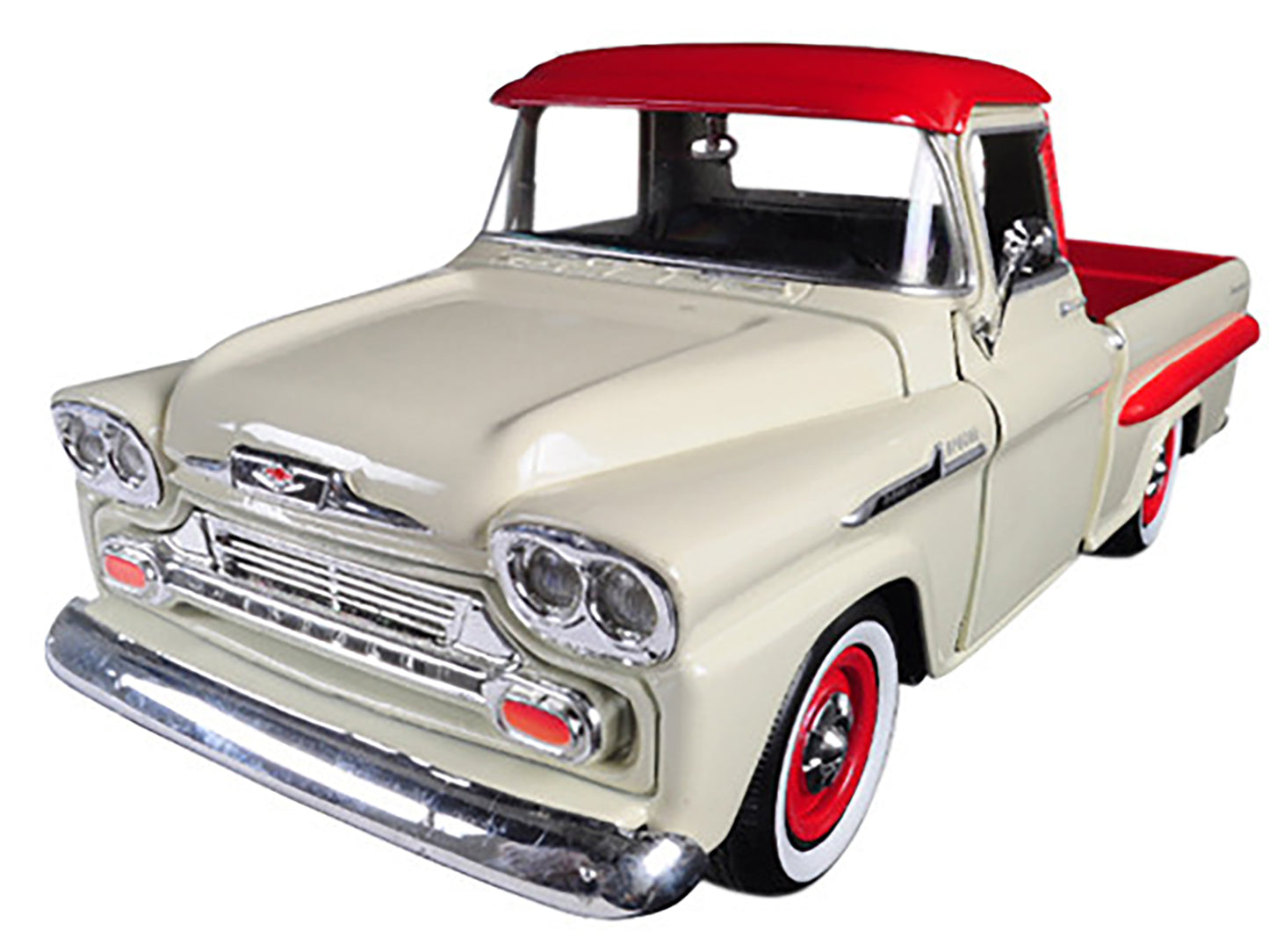 1958 Chevrolet Apache Fleetside Pickup Truck Cream with Red Top 1/24 Diecast Model Car by Motormax <h2>1958 Motormax</h2> <p>High-quality perfect for collectors and enthusiasts. Features detailed inte