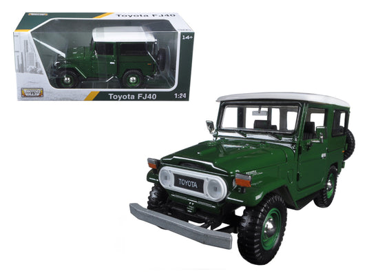 Toyota FJ40 Dark Green with White Top 1/24 Diecast Model Car by Motormax <h2>Toyota Motormax</h2> <p>High-quality perfect for collectors and enthusiasts. Features detailed interior exterior craftsmans