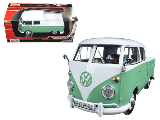 Volkswagen Type 2 (T1) Double Cab Pickup Truck White and Green 1/24 Diecast Model Car by Motormax <h2>Volkswagen Motormax</h2> <p>High-quality perfect for collectors enthusiasts. Features detailed int