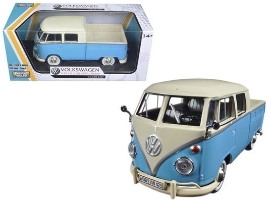 Volkswagen Type 2 (T1) Double Cab Pickup Truck Light Blue and Cream 1/24 Diecast Model Car by Motormax <h2>Volkswagen Motormax</h2> <p>High-quality perfect for collectors enthusiasts. Features detaile