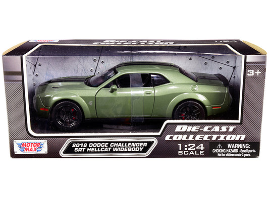 2018 Dodge Challenger SRT Hellcat Widebody Green Metallic with Black Stripes 1/24 Diecast Model Car by Motormax <h2>2018 Motormax</h2> <p>High-quality perfect for collectors and enthusiasts. Features