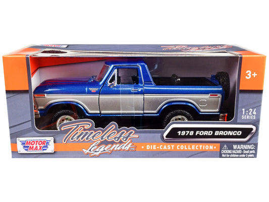 1978 Ford Bronco Ranger XLT (Open Top) with Spare Tire Blue Metallic and Silver "Timeless Legends" Series 1/24 Diecast Model Car by Motormax <h2>1978 Motormax</h2> <p>High-quality perfect for collecto