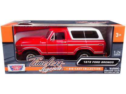 1978 Ford Bronco Custom Red and White "Timeless Legends" Series 1/24 Diecast Model Car by Motormax <h2>1978 Motormax</h2> <p>High-quality perfect for collectors enthusiasts. Features detailed interior