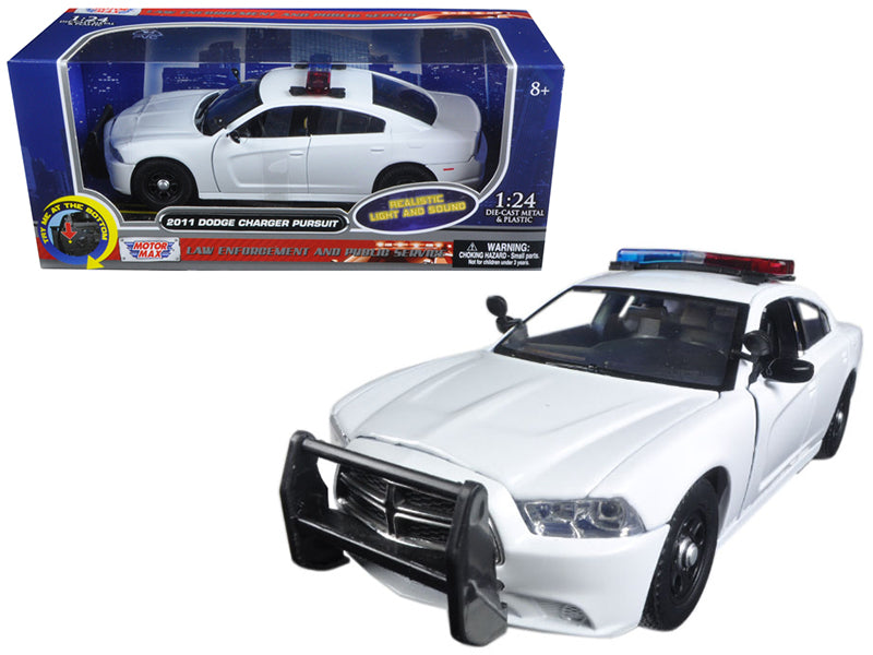 2011 Dodge Charger Pursuit Police Car White with Flashing Light Bar, Front and Rear Lights 2 Sounds 1/24 Diecast Model by Motormax <h2>2011 Motormax</h2> <p>High-quality perfect for collectors enthusi