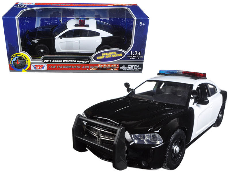 2011 Dodge Charger Pursuit Police Car Black and White with Flashing Light Bar Front Rear Lights 2 Sounds 1/24 Diecast Model by Motormax <h2>2011 Motormax</h2> <p>High-quality perfect for collectors en