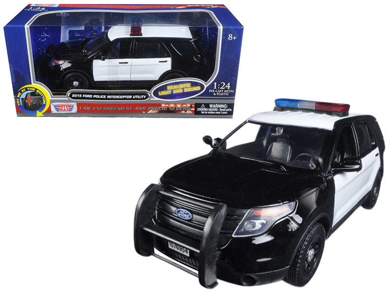 2015 Ford Police Interceptor Utility Black and White with Flashing Light Bar Front Rear Lights 2 Sounds 1/24 Diecast Model Car by Motormax <h2>2015 Motormax</h2> <p>High-quality perfect for collectors
