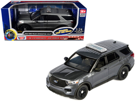 2022 Ford Police Interceptor Utility Dark Gray Metallic "Builder's Kit" with Flashing Light Bar and Front and Rear Lights and Sounds 1/24 T&y Diecast Model Car by Motormax